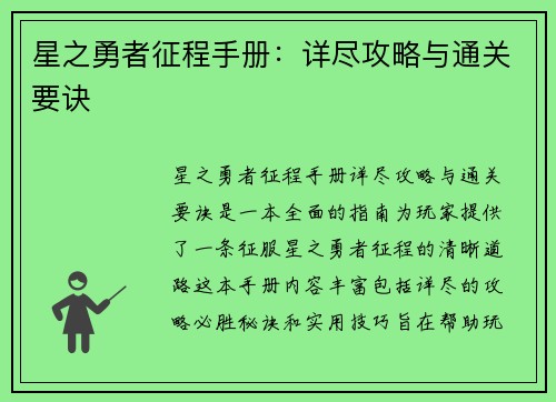 星之勇者征程手册：详尽攻略与通关要诀